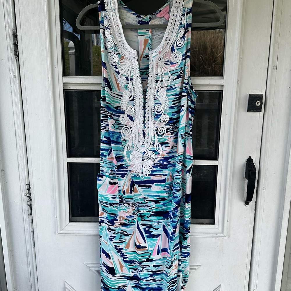 Sleeveless Embroidered Nautical Print Dress - Blue Multi